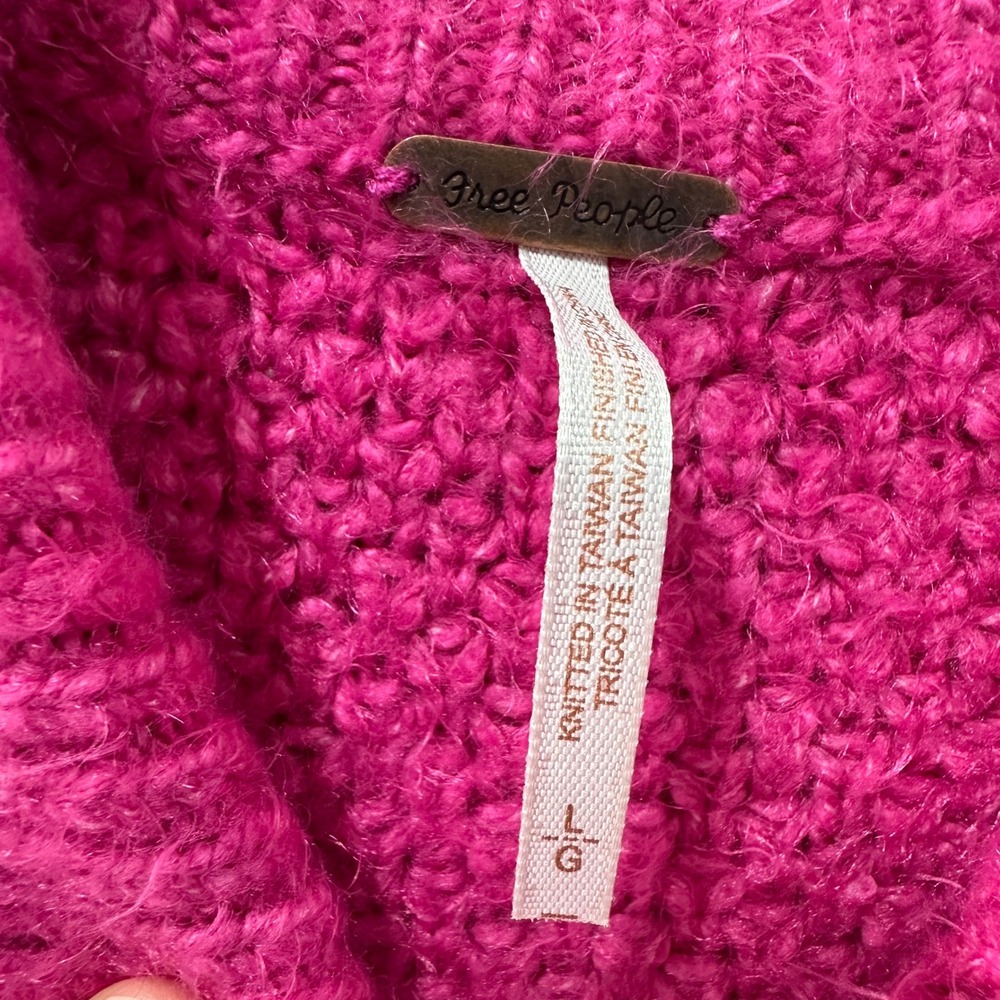 Free People Large Sweater Pink Cable Knit Polo Collar Boho Barbiecore Vibrant - Picture 3 of 8